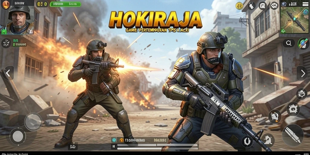 Screenshot gameplay HOKIRAJA menampilkan pertarungan intens dalam mode TPS.