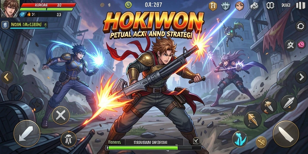 Screenshot gameplay HOKIWON menampilkan aksi pertarungan yang seru dan karakter anime.