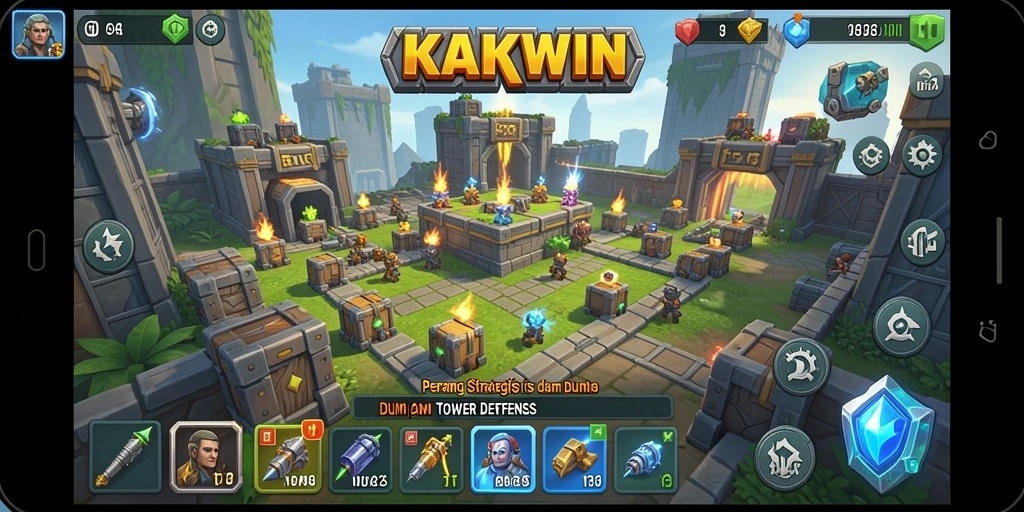 Tampilan menegangkan gameplay Tower Defense KAKWIN dengan strategi serangan.