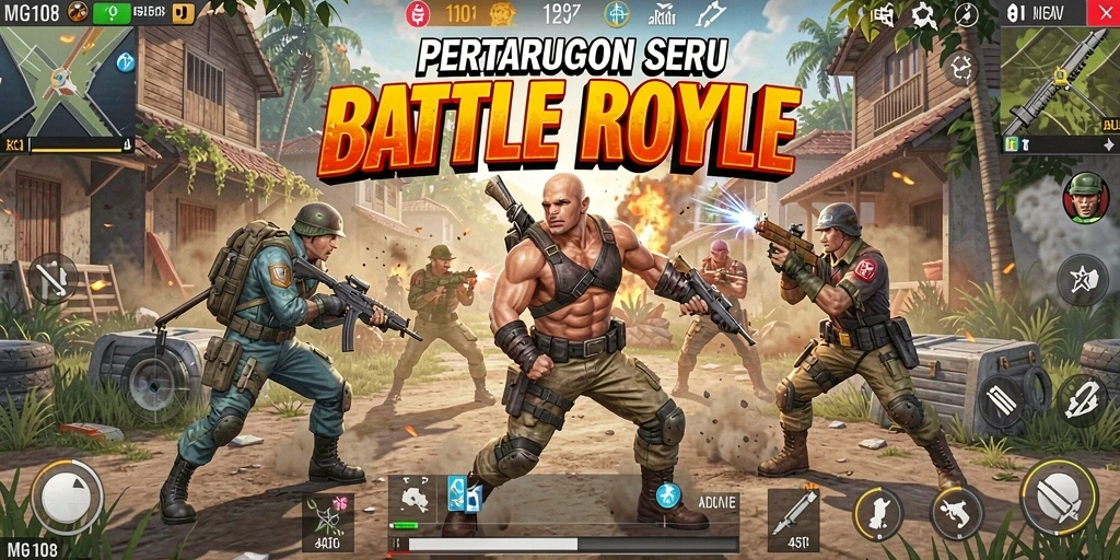 Gameplay intens penuh aksi dalam MG108 Battle Royale.