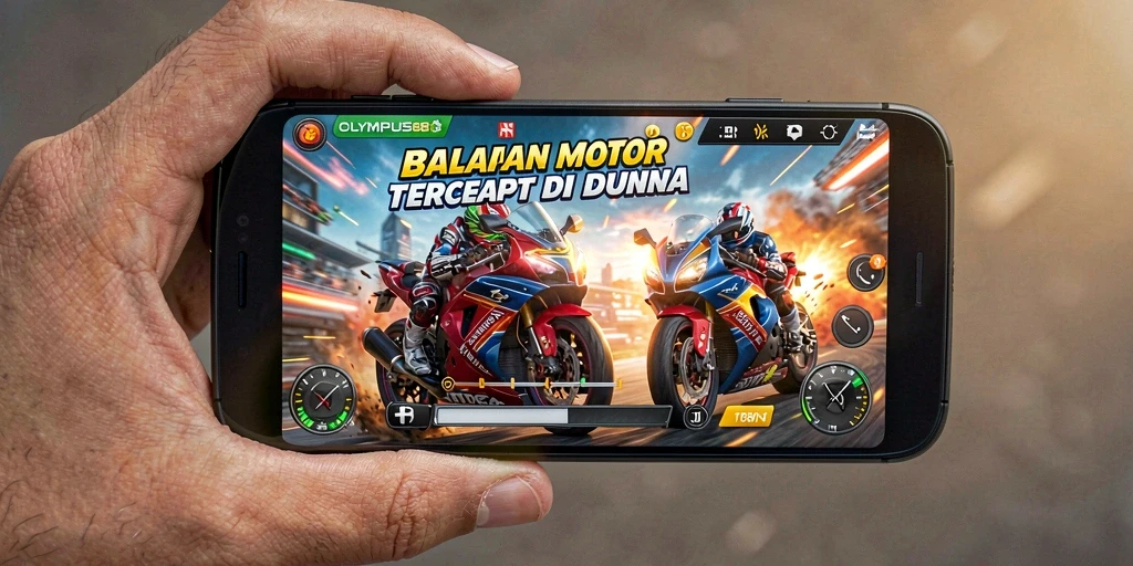 Tampilan gameplay mendebarkan dengan motor balap di trek.